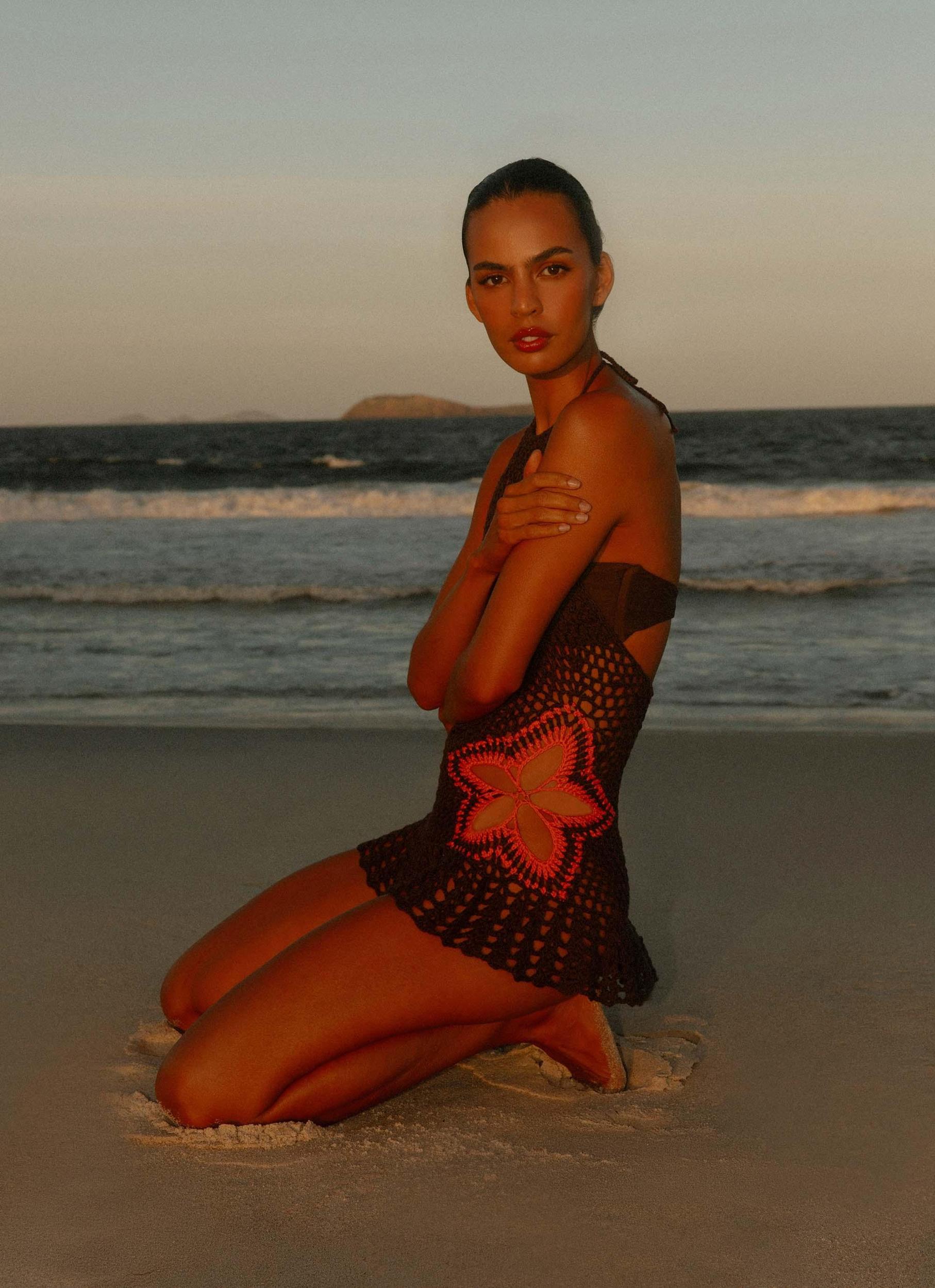 Henley Crochet Mini Dress - Chocolate Product Image