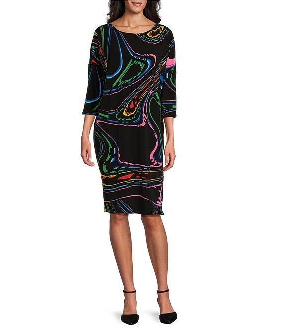 Eva Varro Knit Abstract Swirl Boat Neck 3/4 Sleeve Dropped Shoulder Dress Product Image