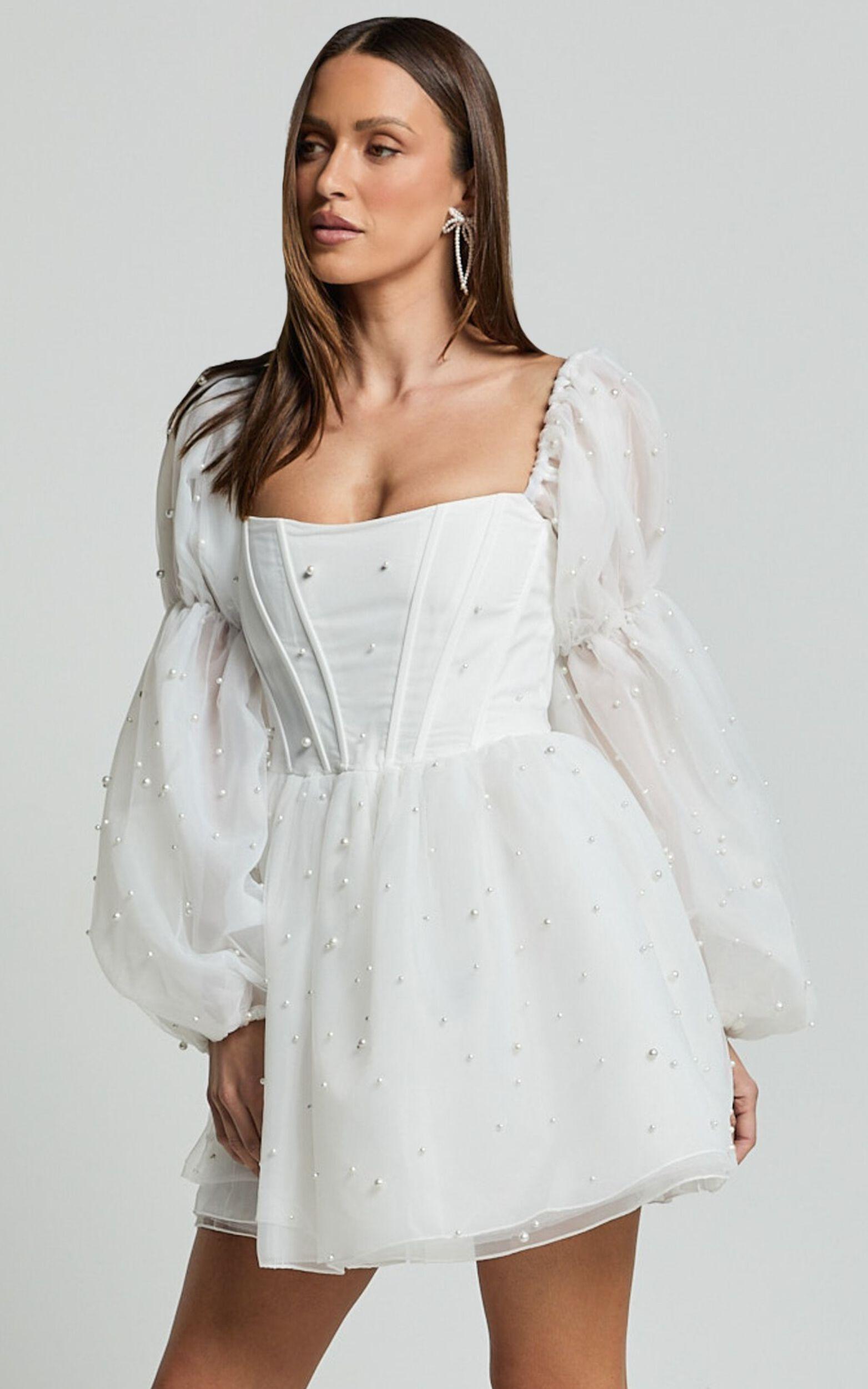 Ingrid Mini Dress - Long Puff Sleeve Pearl Detail Dress in White Product Image