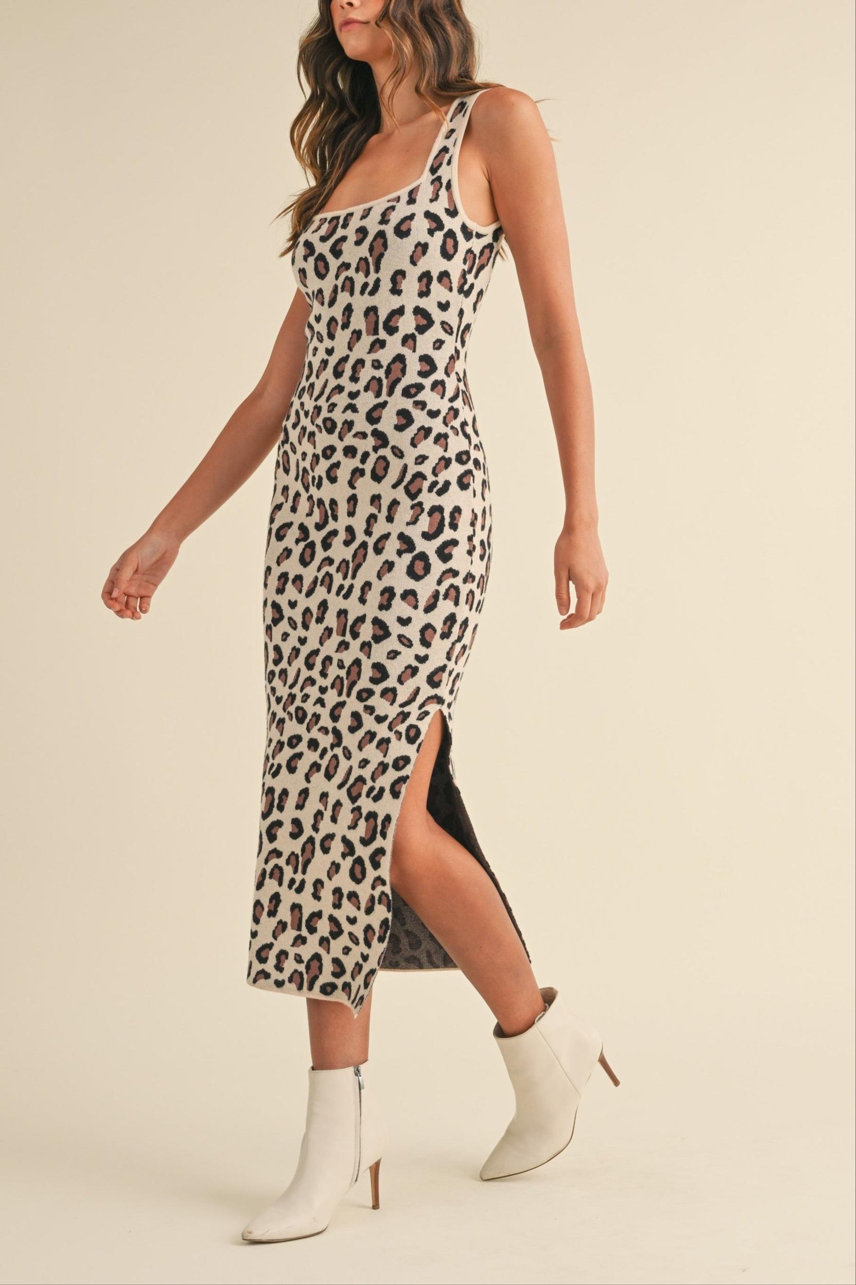 Leopard Sweater Knit Bodycon Midi Dress Product Image