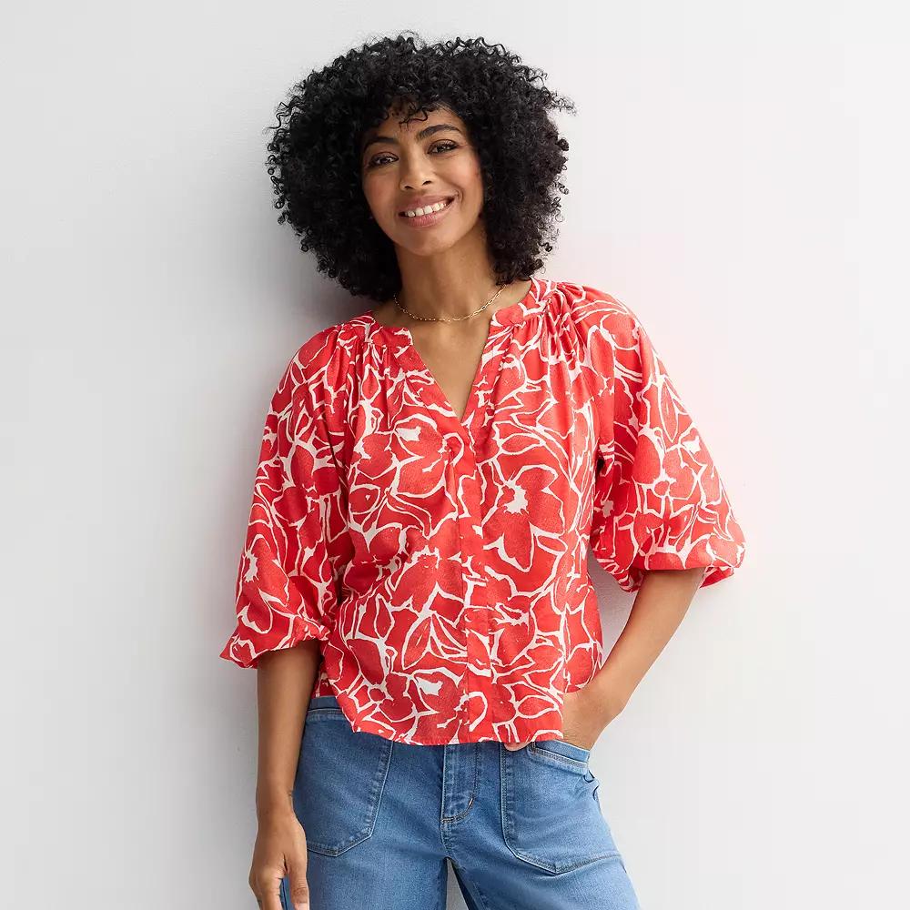 Women's Sonoma Goods For Life® Shirred Balloon Sleeve Y-Neck Top, Size: XXL, Red Painted Floral Product Image