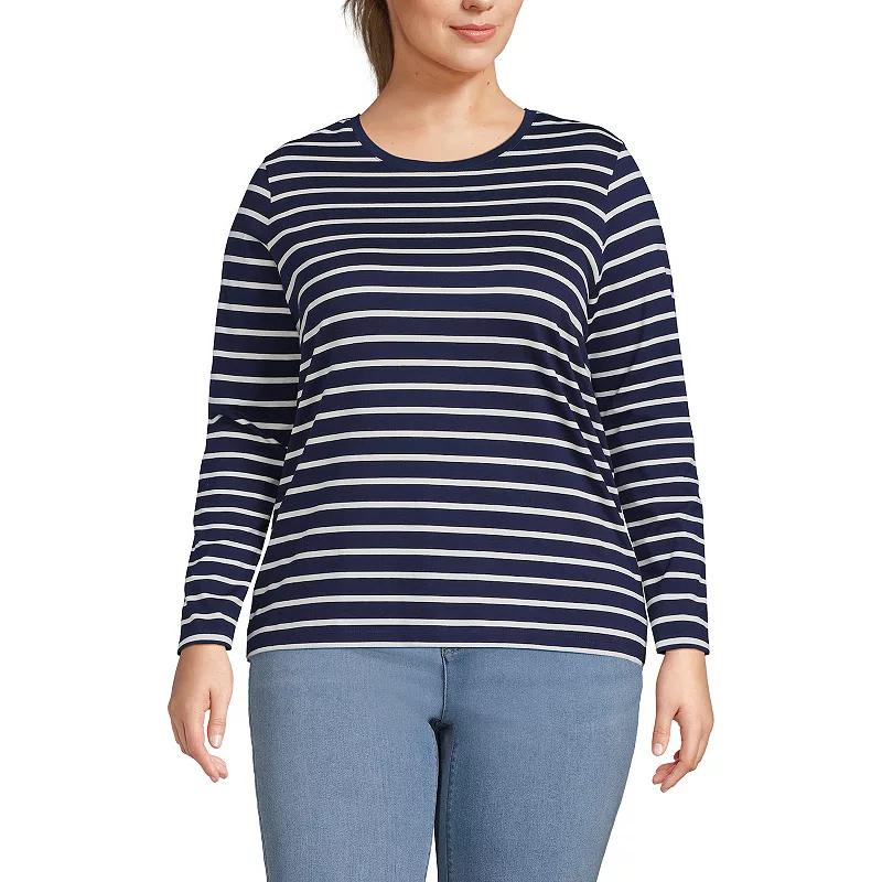 Plus Size Lands' End Long Sleeve Relaxed Supima Cotton Crewneck Tee, Women's, Size: 1XL, Ivory Black Stripe Product Image