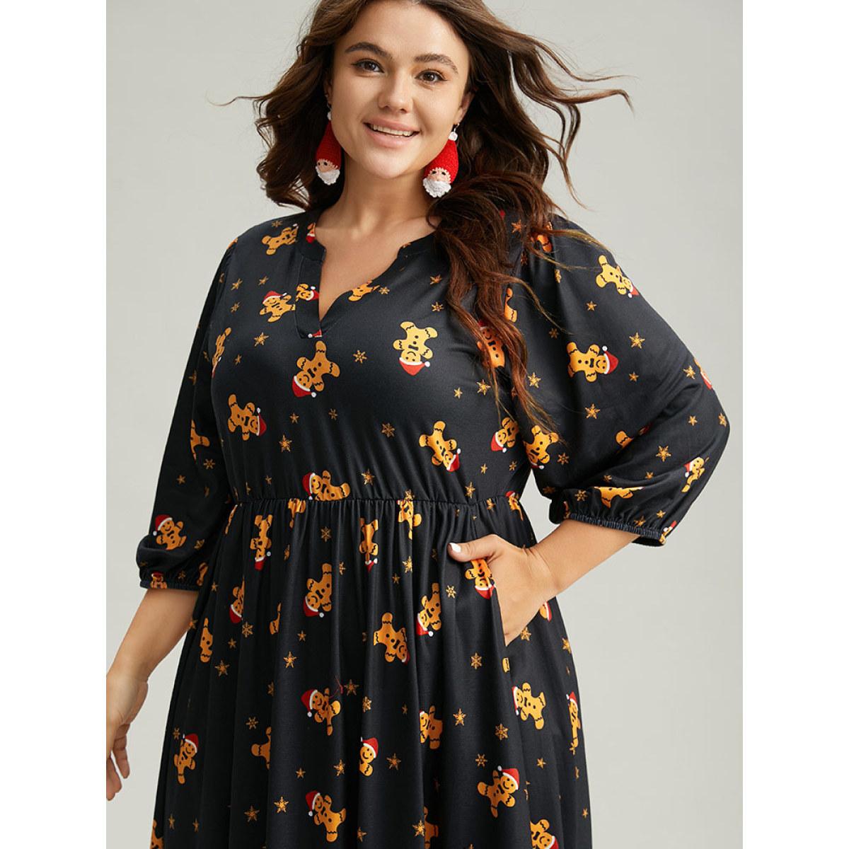 Plus Size Christmas Print Notched Pocket Elastic Waist Dress Multicolor Women Casual Elastic cuffs Notched collar Elbow-length sleeve Curvy Midi Dress BloomChic 28/5X Product Image