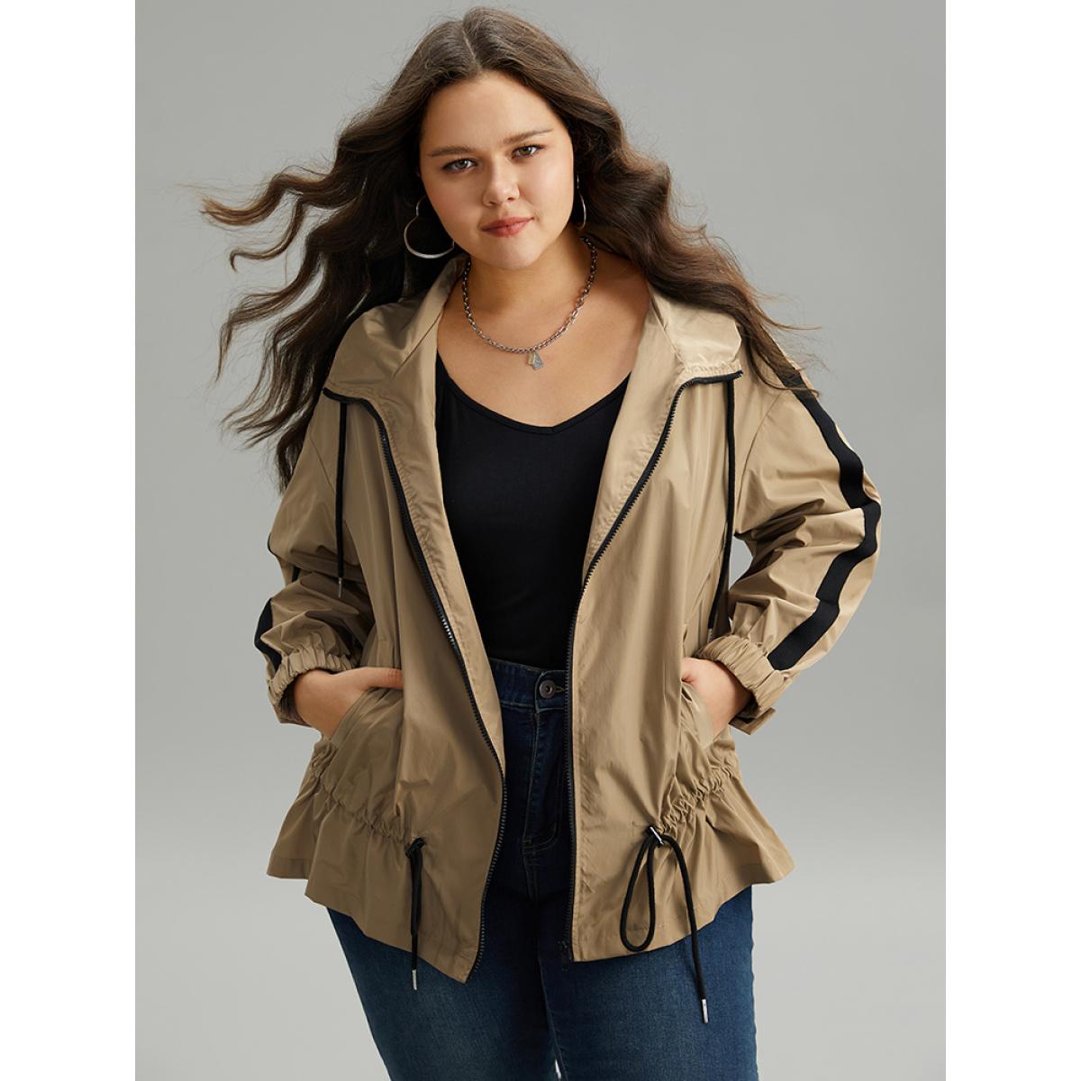 Plus Size Wind-Resistant Contrast Trim Drawstring Jacket Women Tan Elastic cuffs Pocket Dailywear Jackets BloomChic 28/5X Product Image