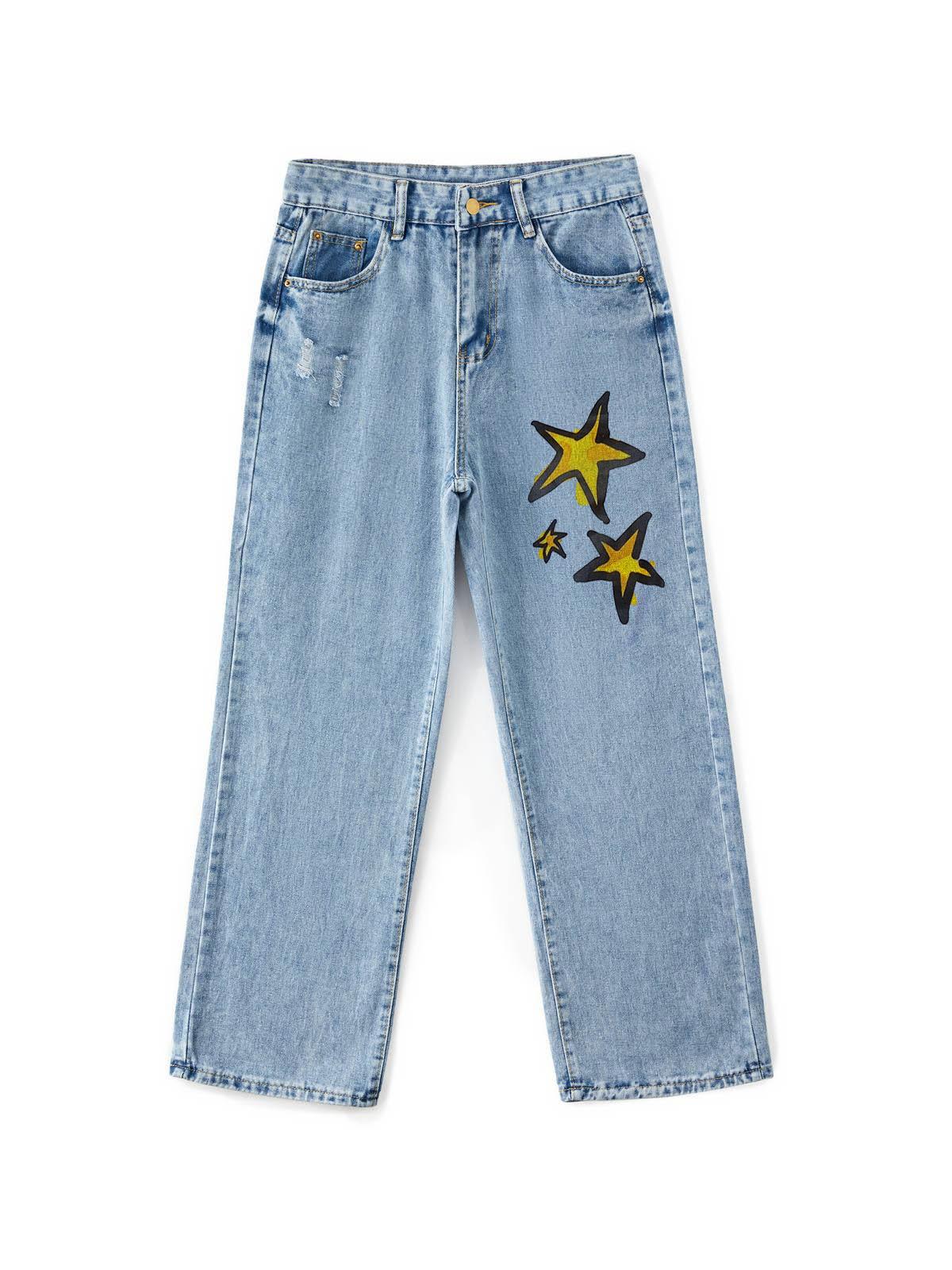 Basic Wash Print Straight Leg Boyfriend Jeans Product Image