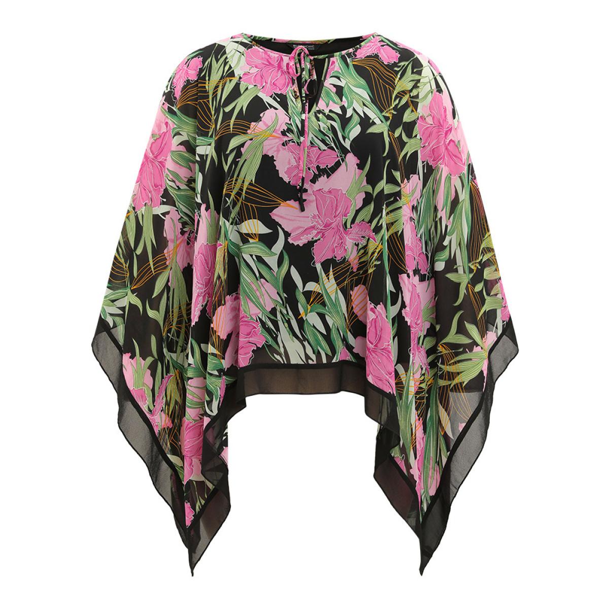 Plus Size Multicolor Floral Ties Batwing Sleeve Hanky Hem Layered Blouse Women Glamour Elbow-length sleeve Tie Neck Going out Blouses BloomChic 10/M Product Image