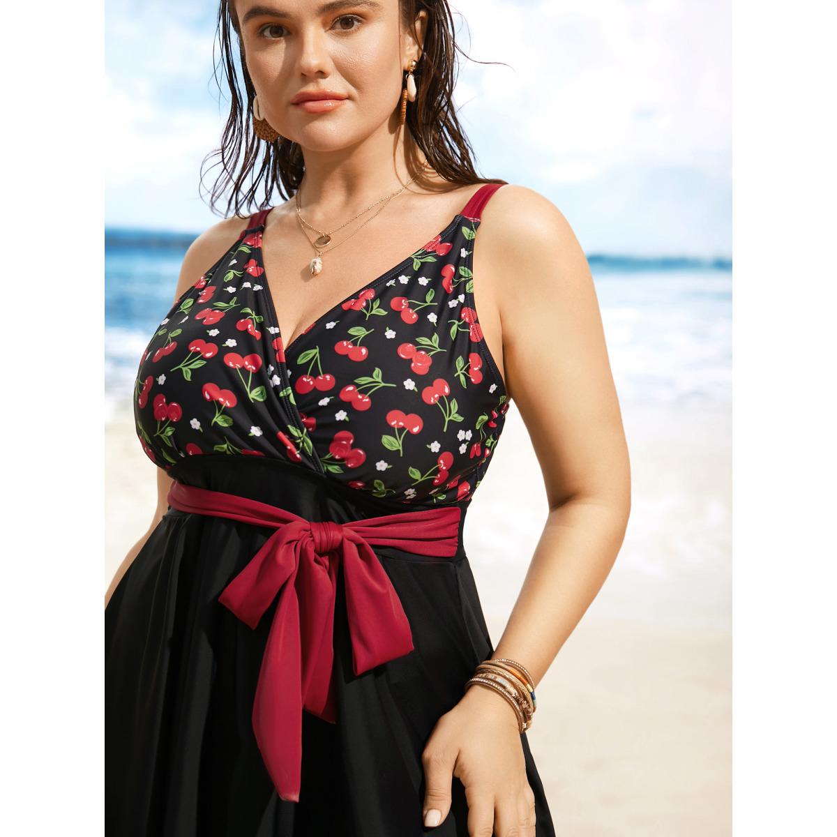 Plus Size Cherry Print Wrap Tie Knot Swim Dress Women's Swimwear Black Beach Bodycon Overlap Collar High stretch Curve Swim Dresses BloomChic 26/4X Product Image