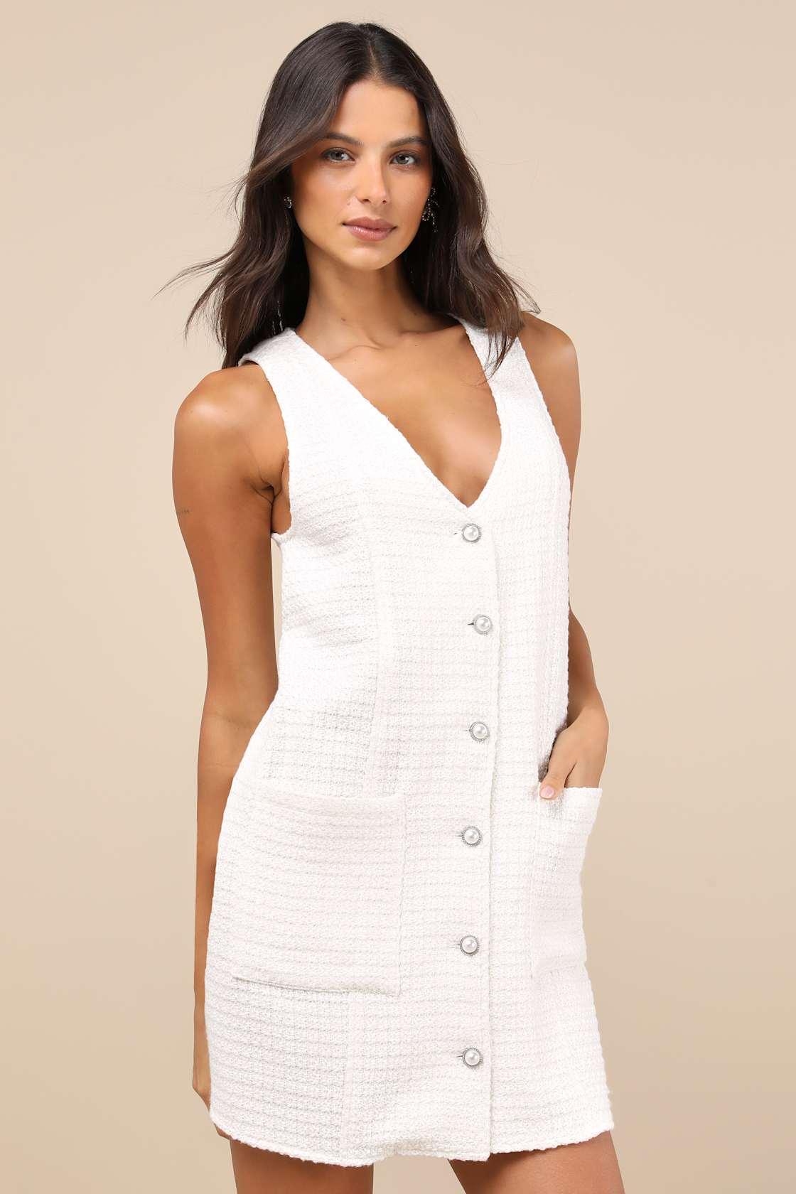 Elevated Concept White Tweed Lurex Button-Front Shift Mini Dress Product Image