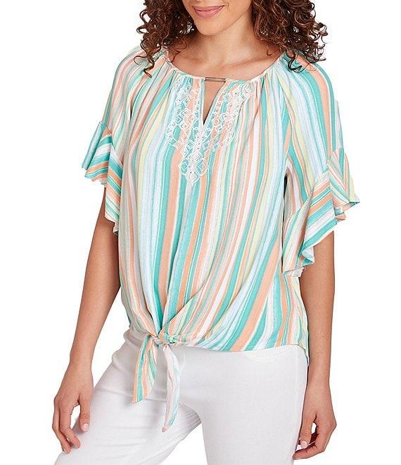Ruby Rd. Woven Stripe Keyhole Neck Embroidery Short Flounce Sleeve Tie Top Product Image