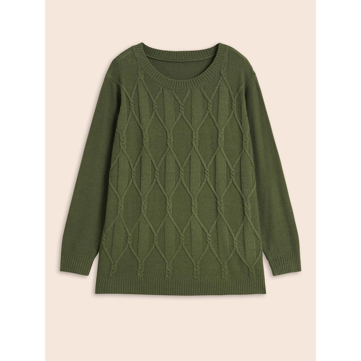 Plus Size Plain Cable Knit Round Neck Pullover Moss Women Casual Long Sleeve Round Neck Everyday Pullovers BloomChic 12/L Product Image