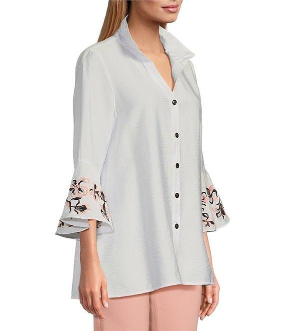 Multiples Solid Crinkle Wire Collar 3/4 Embroidered Flounce Sleeve Hi-Low Hem Fitted Woven Shirt Product Image