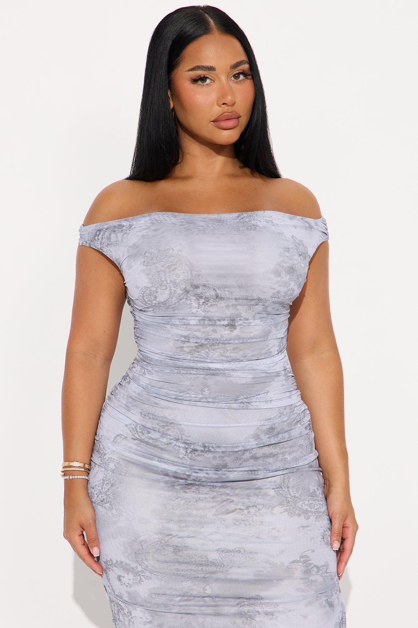 Janelle Mesh Ruched Off Shoulder Maxi Dress - Grey/combo Female Product Image