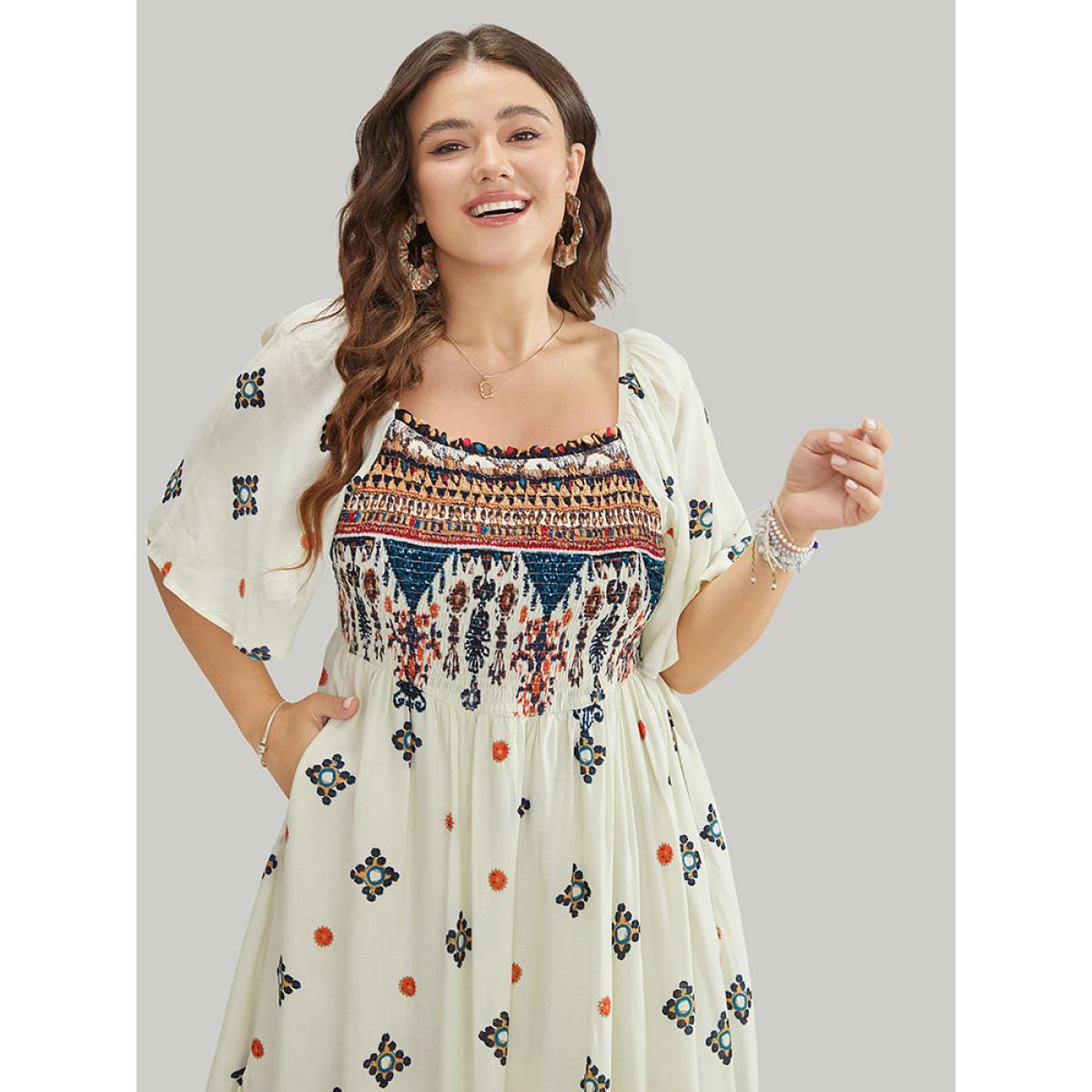 Plus Size Bandana Print Square Neck Pocket Shirred Frill Trim Split Dress Multicolor Women Vacation Frill Trim Square Neck Short sleeve Curvy Midi Dress BloomChic 10/M Product Image