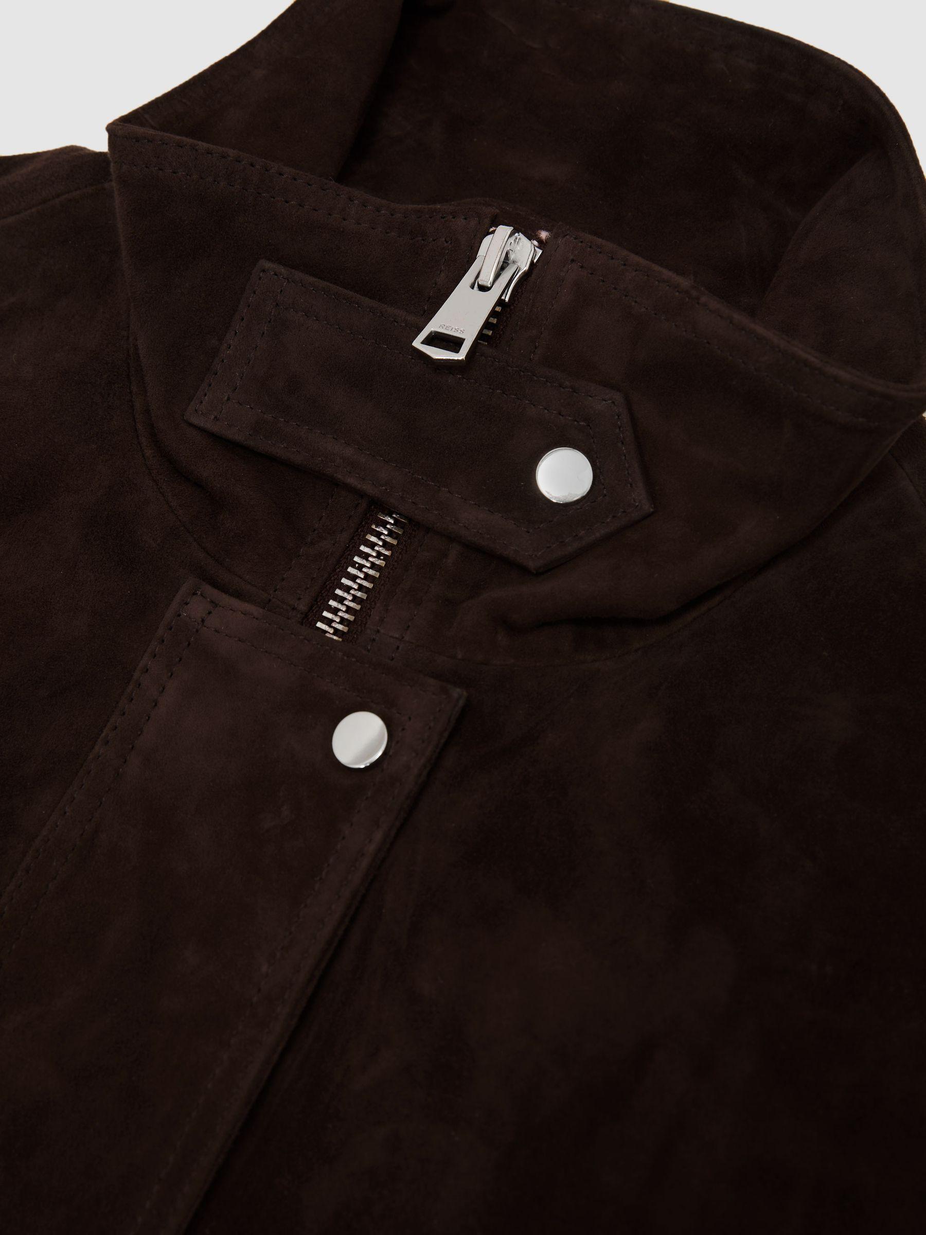 Suede Funnel-Neck Bomber Jacket in Chocolate Brown Product Image