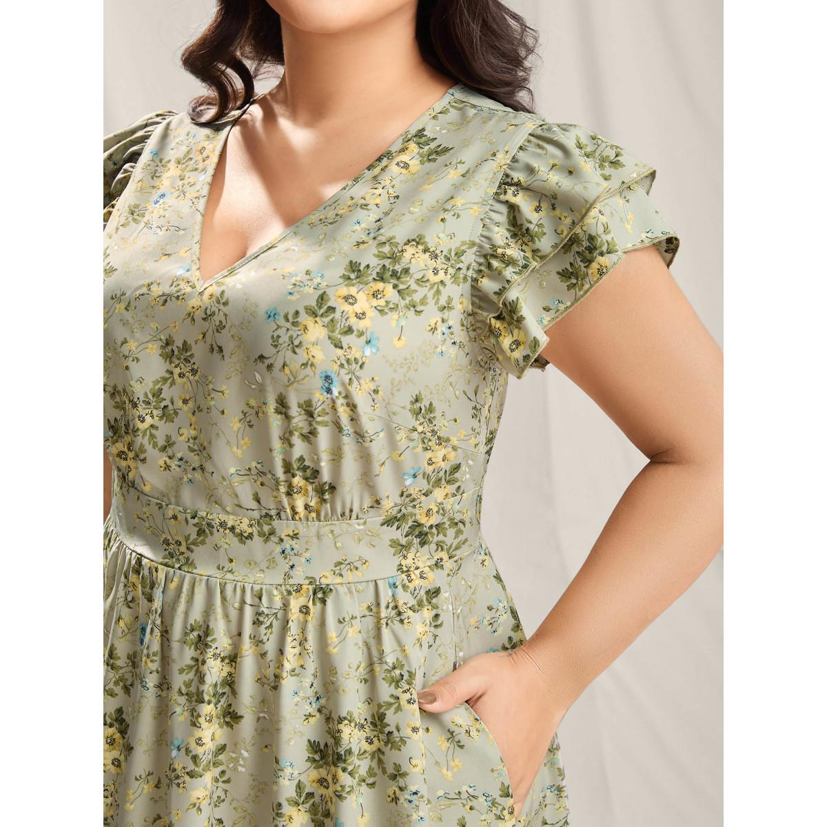 Plus Size Breezy Floral Print Flutter Sleeve Maxi Dress Sage Women V-neck Short sleeve Curvy BloomChic 30/6X Product Image