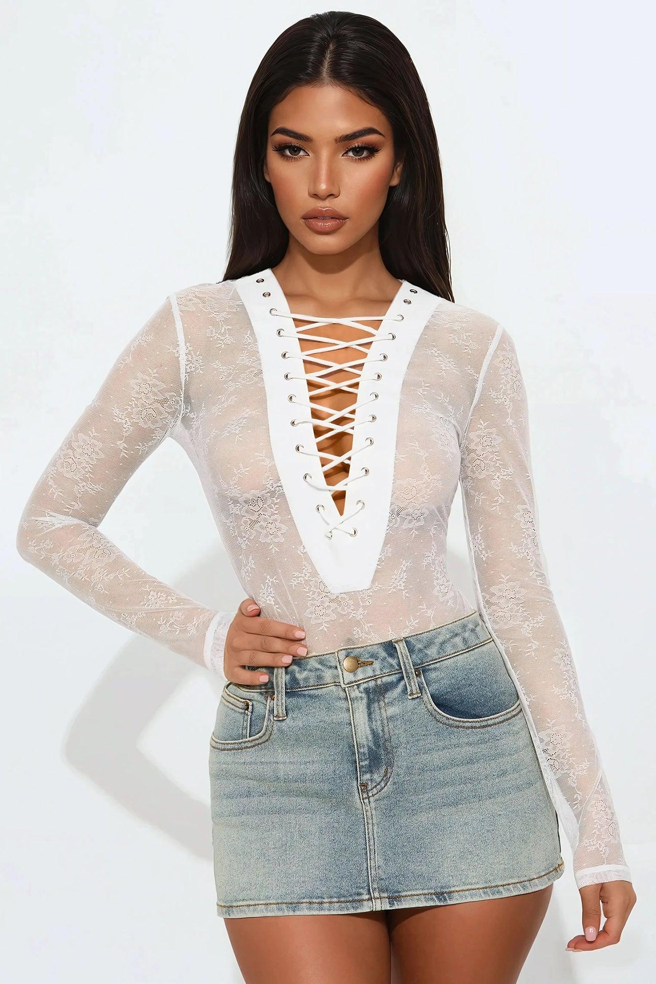 See Through Me Lace Bodysuit - White Product Image
