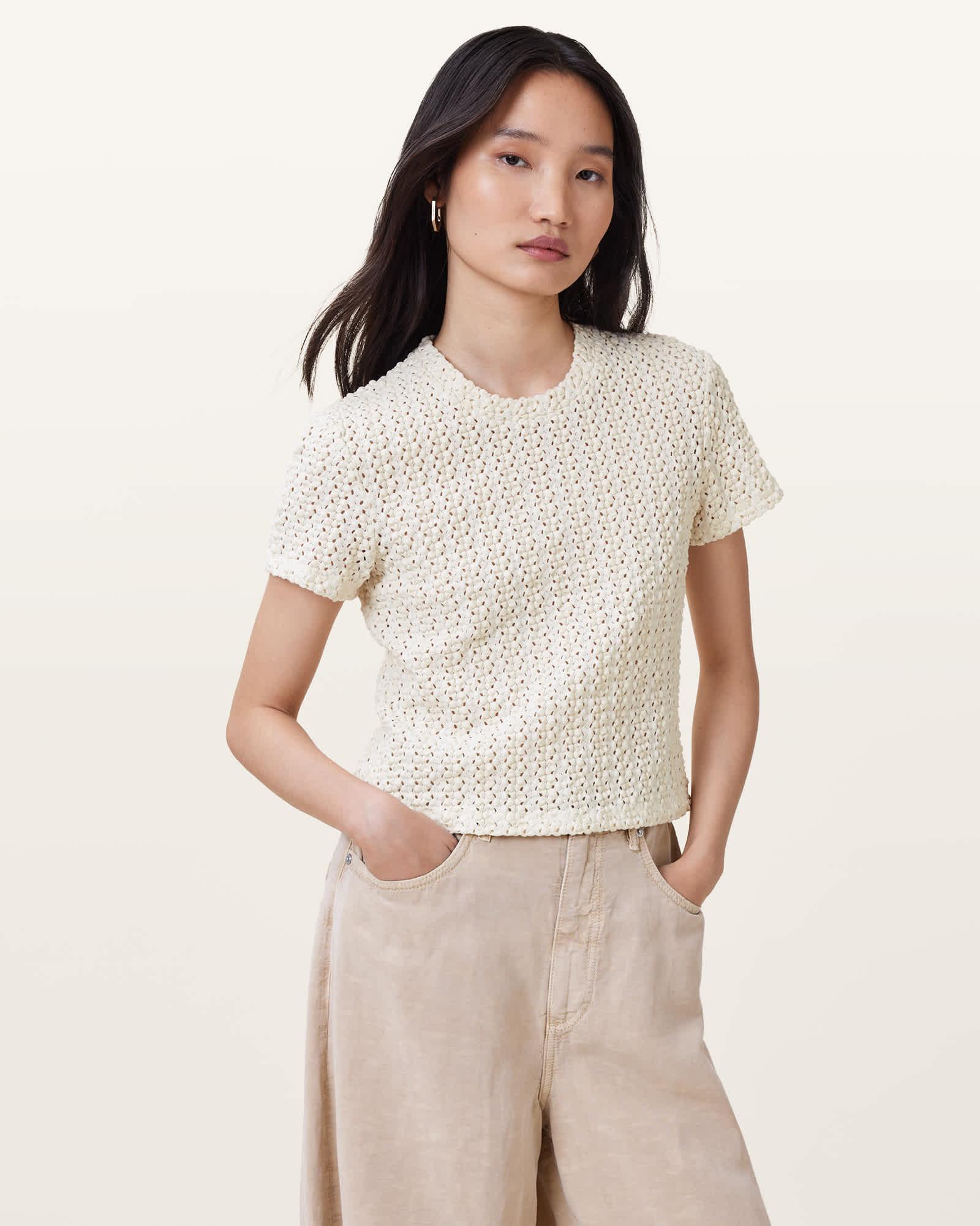 Karma Stevie Slim Fit Crochet T-Shirt Chalk White | ALLSAINTS US Product Image