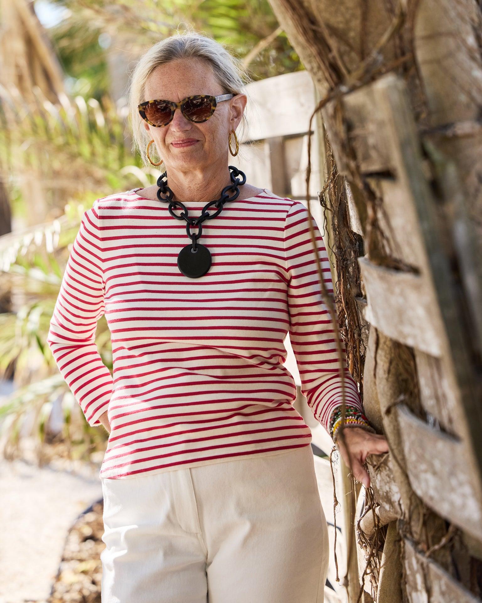 Women’s Breton Stripe Boatneck Tee in Off White/Red Product Image
