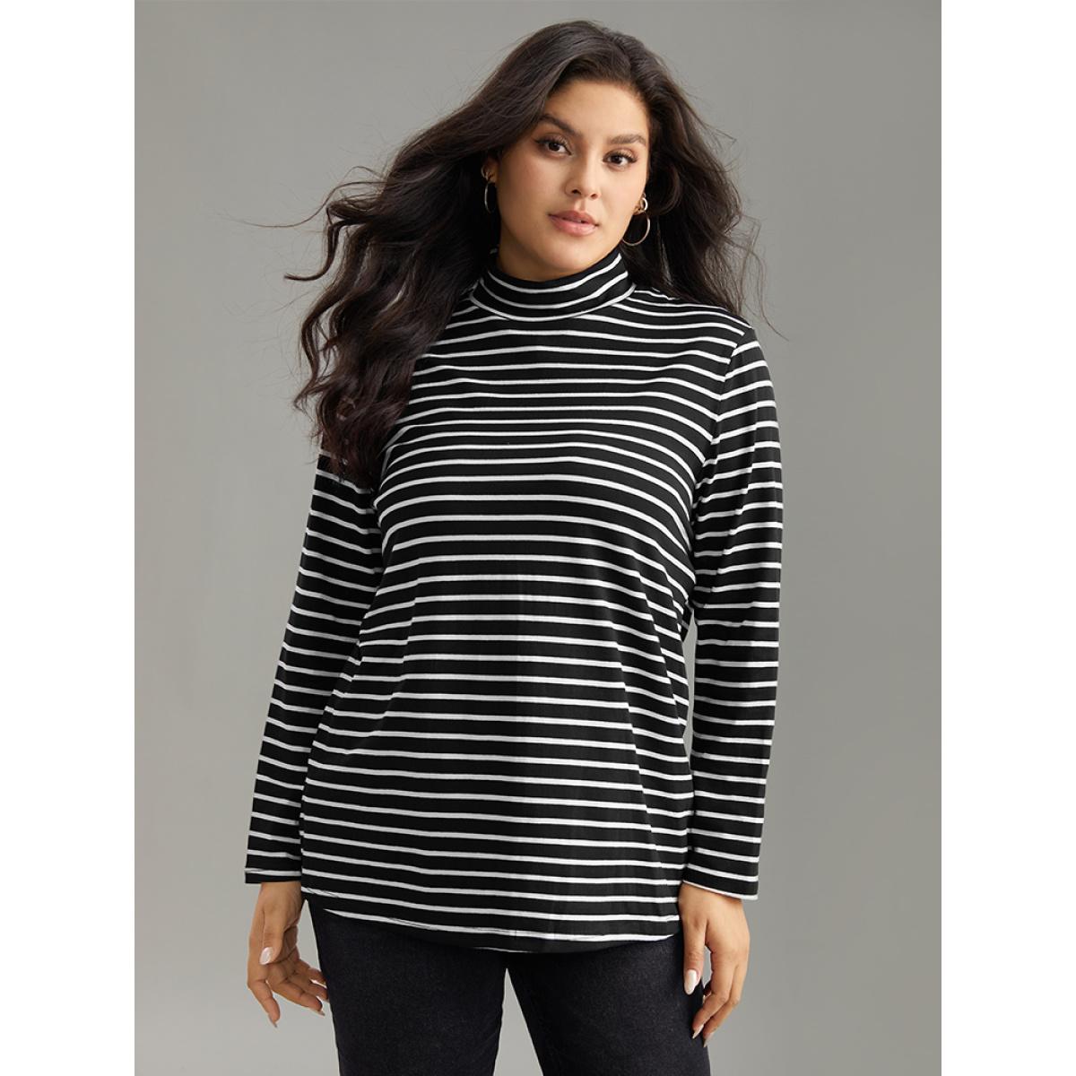 Plus Size Cotton Striped Funnel Neck T-shirt Black Women Casual Contrast Striped Turtleneck Dailywear T-shirts BloomChic 14-16/1X Product Image