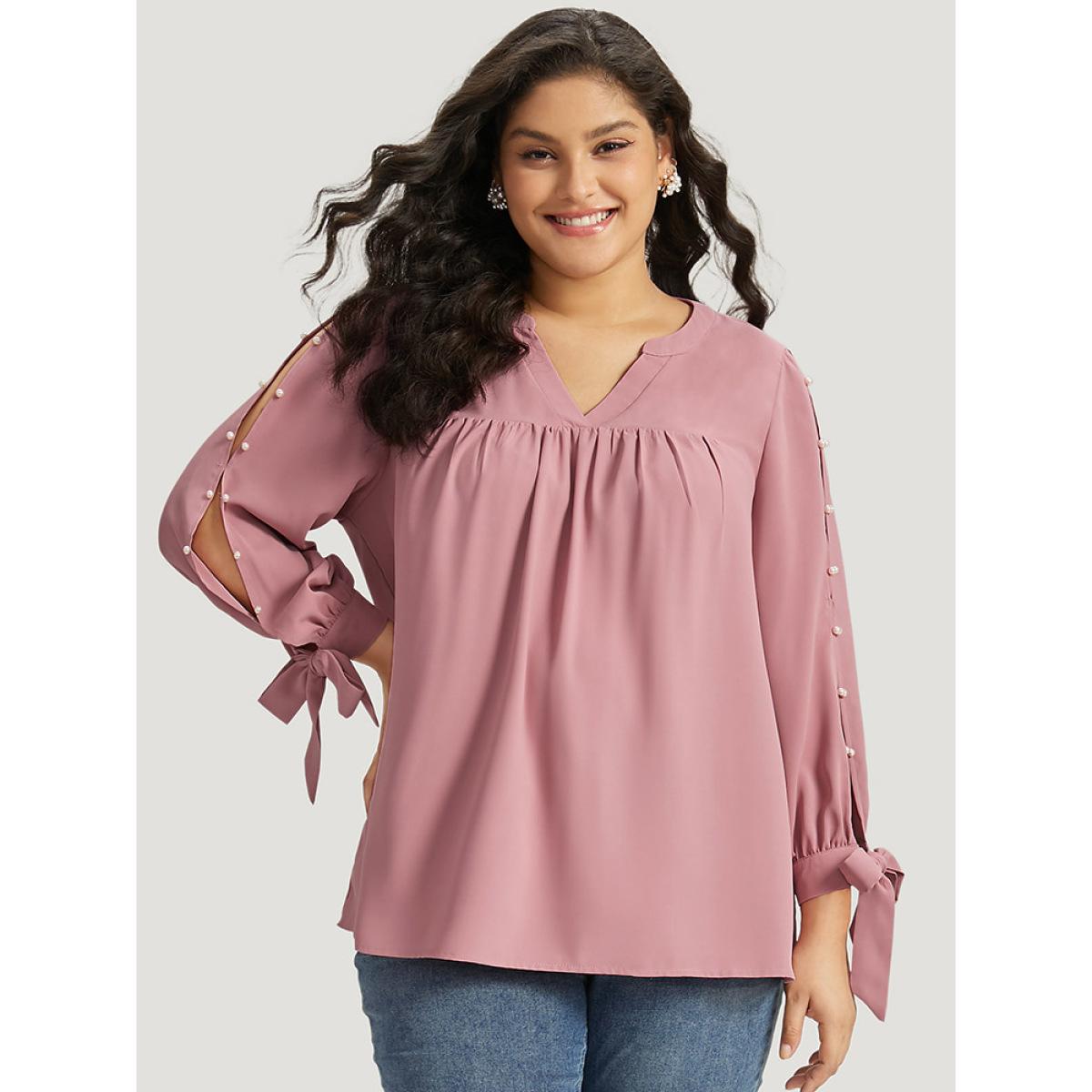Plus Size DustyPink Plain Pleated Ties Beaded Notched Blouse Women Elegant Long Sleeve Notched collar Dailywear Blouses BloomChic 18-20/2X Product Image