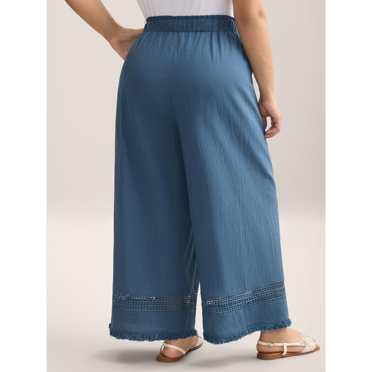 Plus Size Cotton Waist-Tie Lace Wide-Leg Pants Women Cerulean Boho Wide Leg Mid Rise Vacation Pants BloomChic 14-16/1X Product Image