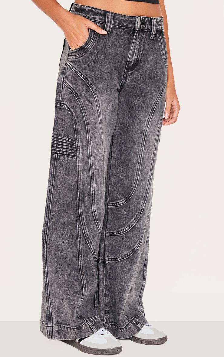 Grey Panel Seam Detail Wide Leg Jeans Product Image