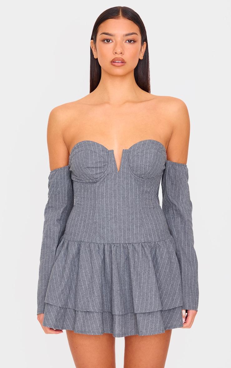 Light Grey Pinstripe Cup Detail Bardot Shift Dress Product Image
