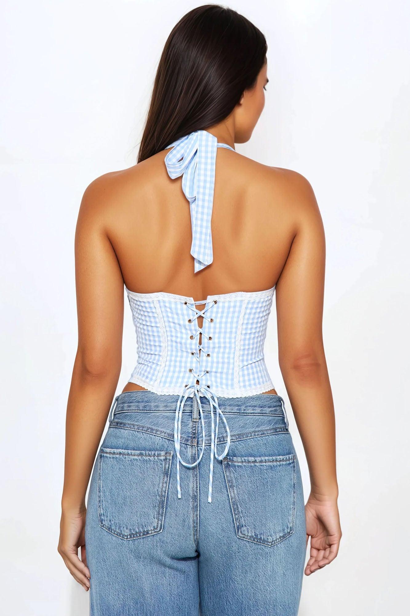 Sunset Walks Gingham Corset Top - Blue/combo Product Image