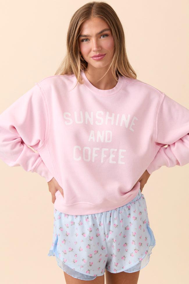 Sunshine and Coffee Soft Pink Raw Hem Fleece Graphic Sweatshirt Product Image