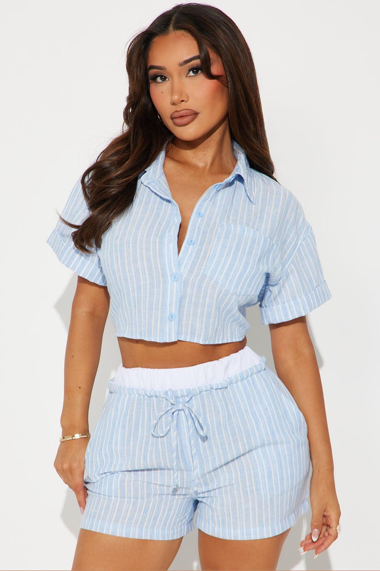 Kara Linen Shirt And Boxer Short Set - Blue/combo Product Image