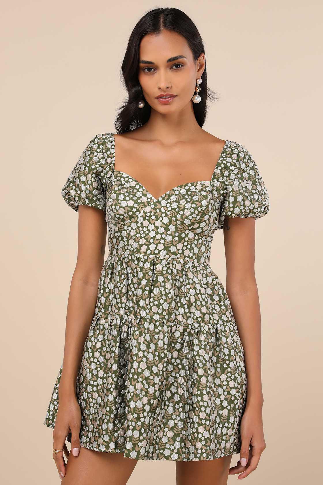 Confident Sweetheart Olive Floral Jacquard Tiered Mini Dress Product Image