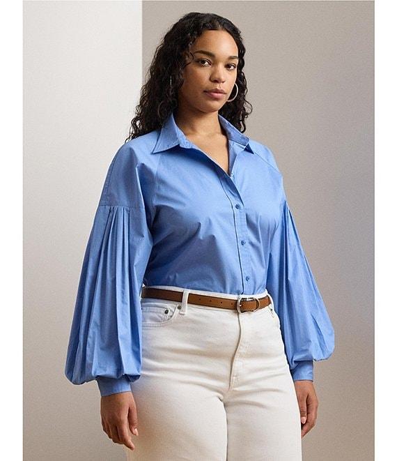 Lauren Ralph Lauren Plus Size Cotton Poplin Point Collar Long Blouson Sleeve Button-Front Shirt Product Image