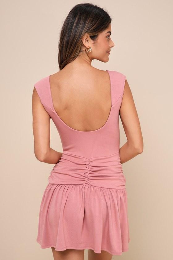 Flattering and Flirty Dusty Rose Drop Waist Mini Dress Product Image