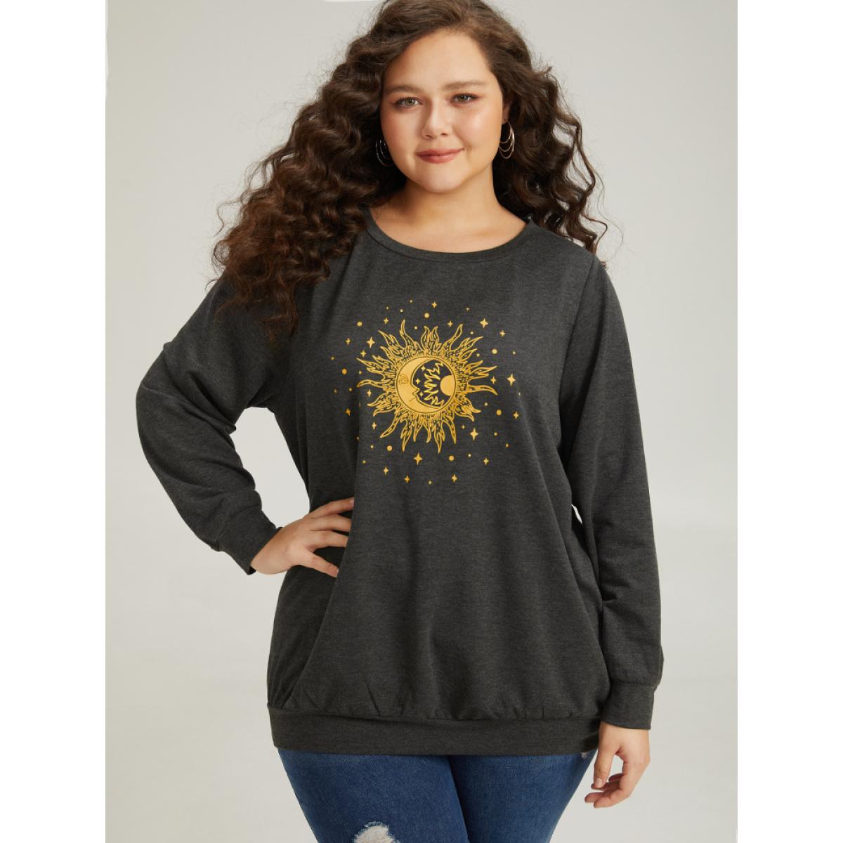 Plus Size Moon and Star Print Crew Neck Elastic Cuffs Sweatshirt Women Gray Casual Elastic cuffs Dailywear Sweatshirts BloomChic 26/4X Product Image