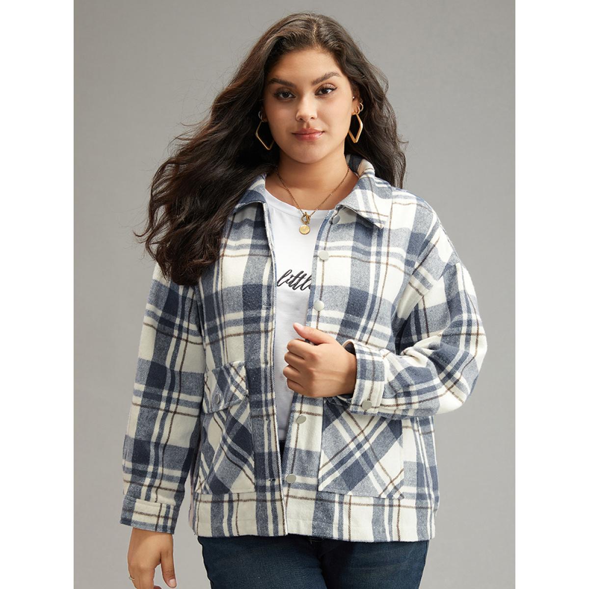 Plus Size Plaid Lapel Collar Metal Detail Pocket Shacket Women DarkBlue Casual Contrast Ladies Everyday Winter Coats BloomChic 22-24/3X Product Image