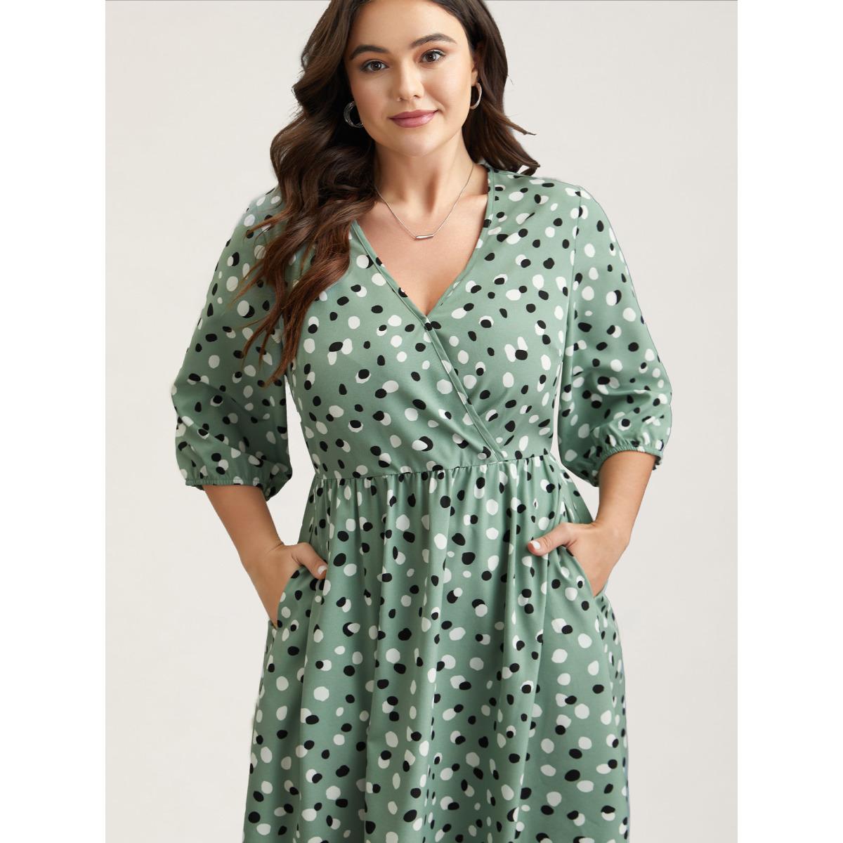 Plus Size Dots Print Surplice Neck Midi Dress Greenbean Women At the Office Non Overlap Collar Elbow-length sleeve Curvy BloomChic 26/4X Product Image