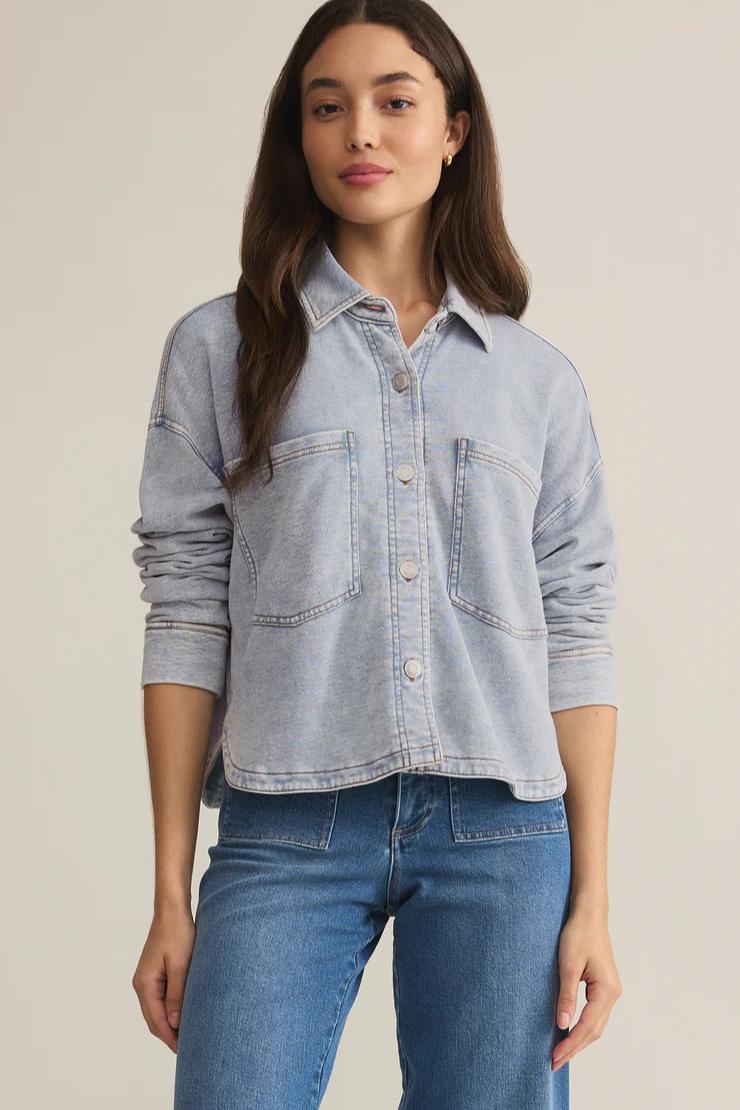 All Day Cropped Knit Denim Jacket Product Image
