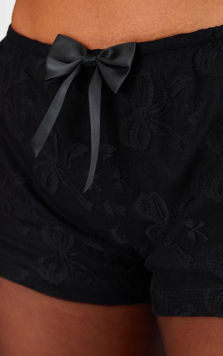 Petite Black Bow Printed Mesh Mini Hot Pants Product Image