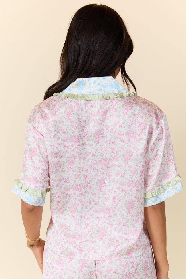 Dreamy Days Mixed Floral Short Sleeve Satin Pajama Top FINAL SALE Product Image