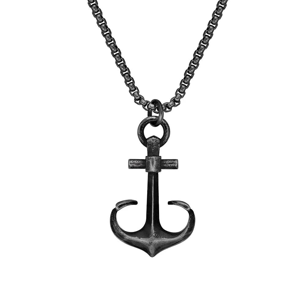 Men's LYNX Antiqued Stainless Steel Box Chain Anchor Pendant Necklace, Size: 24" Product Image