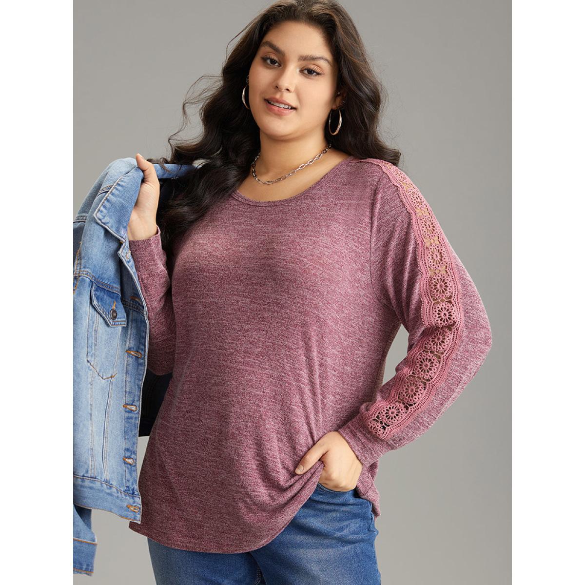 Plus Size Plain Contrast Lace Crew Neck T-shirt DustyPink Women Casual Plain Plain Round Neck Dailywear T-shirts BloomChic 12/L Product Image