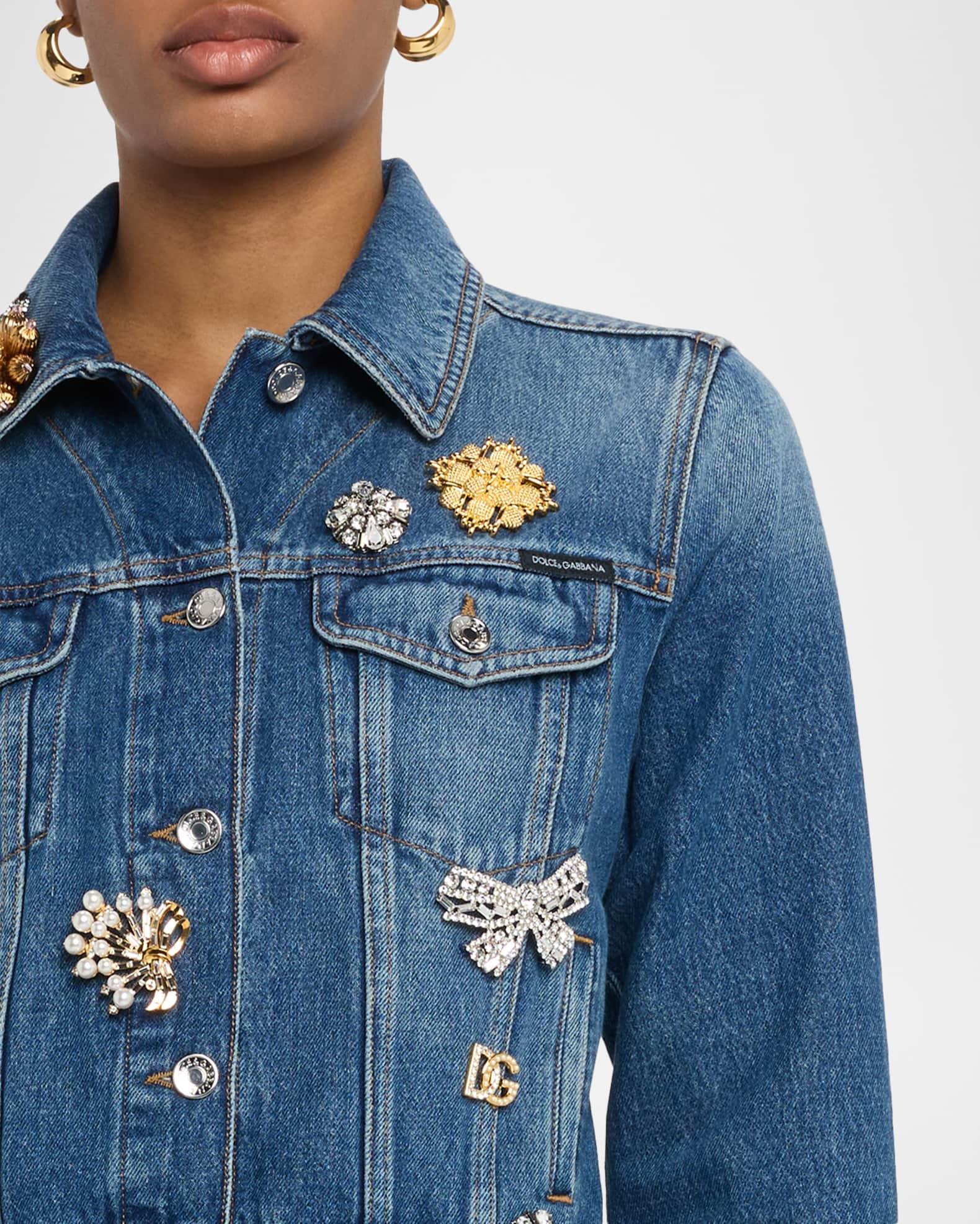 Brooch Embellished Crop Denim Jacket Product Image