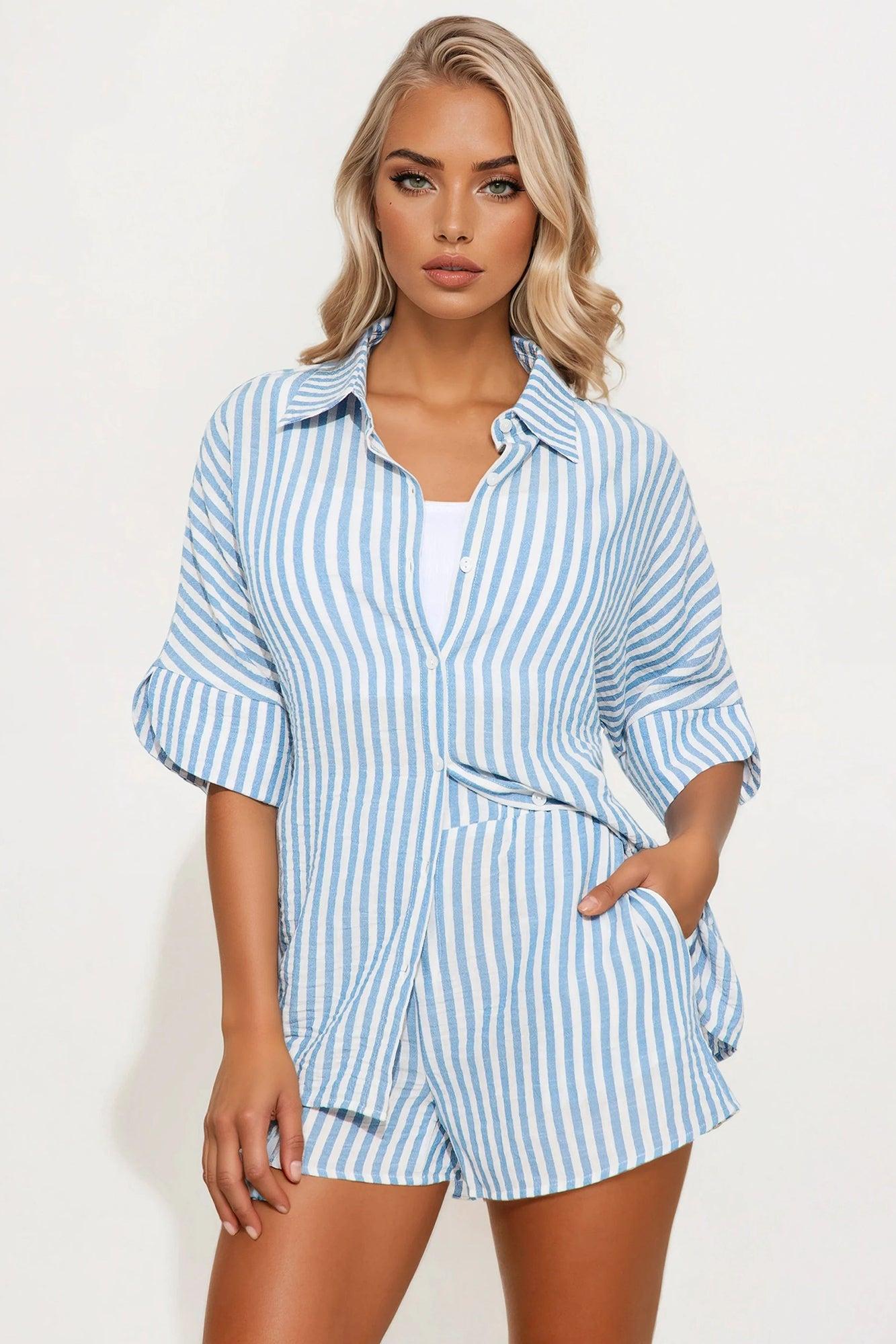 Casual Getaway Linen Short Set - Blue/combo Product Image