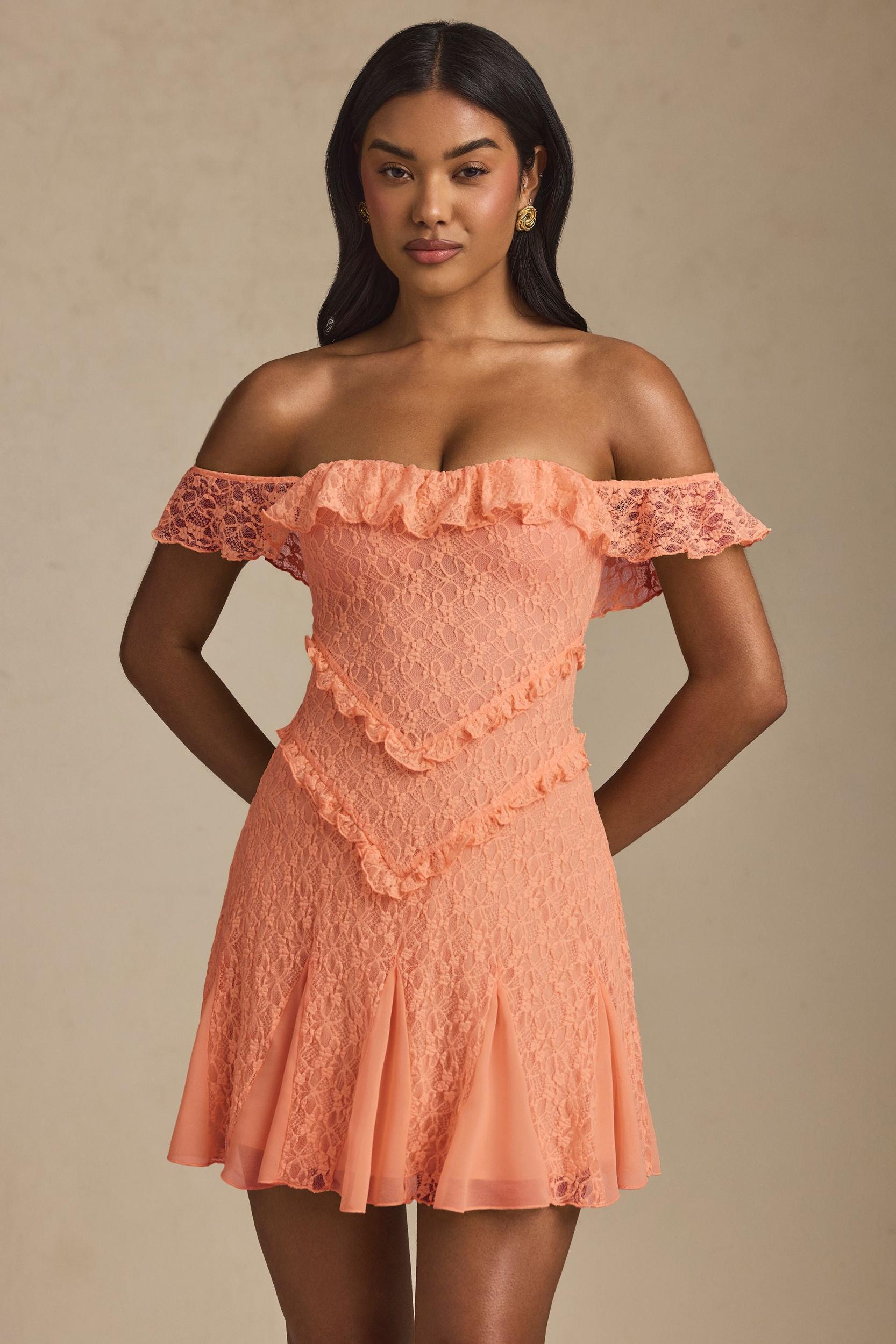 Off-Shoulder Lace A-Line Mini Dress in Peach Product Image