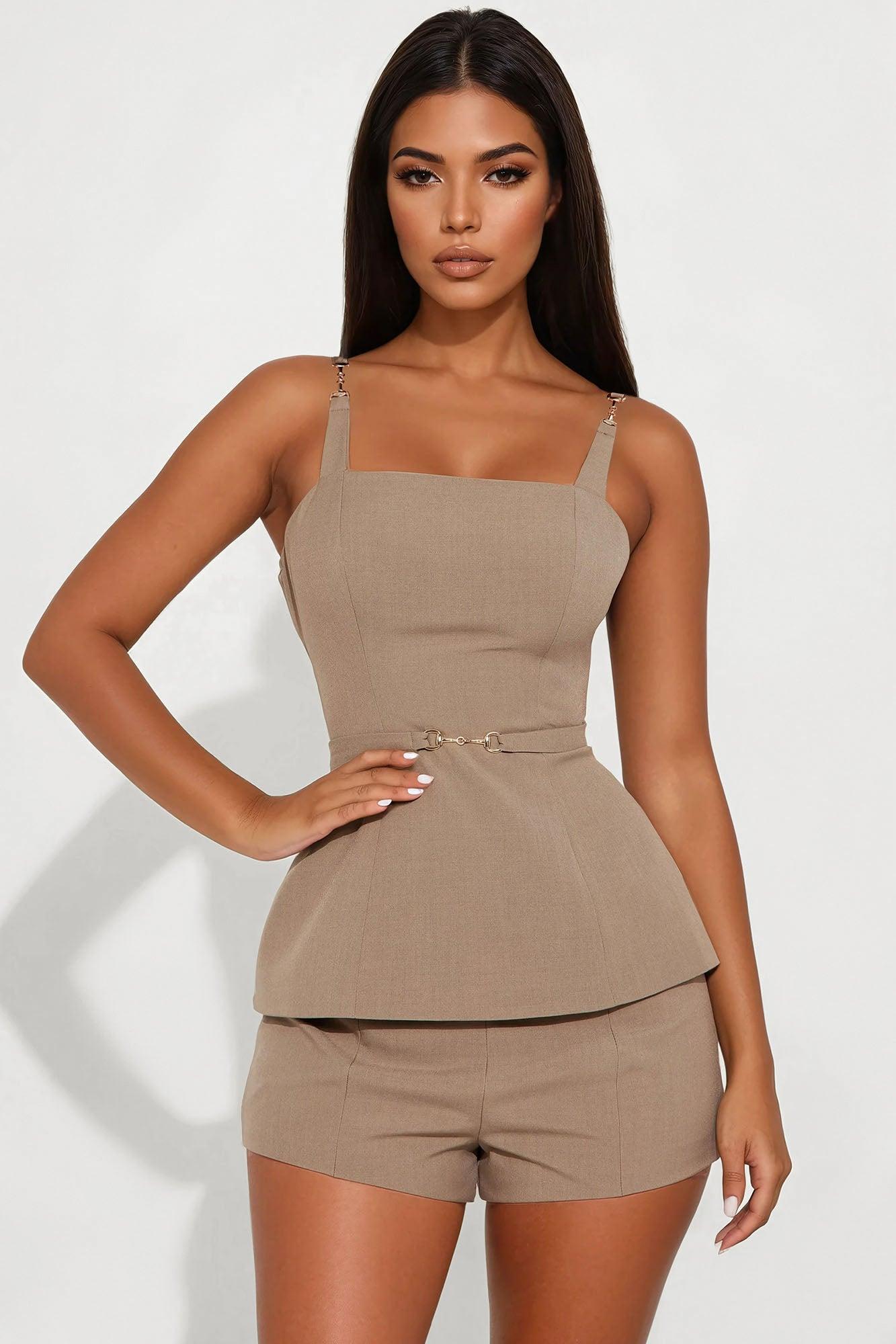Business Only Belted Top - Taupe Product Image