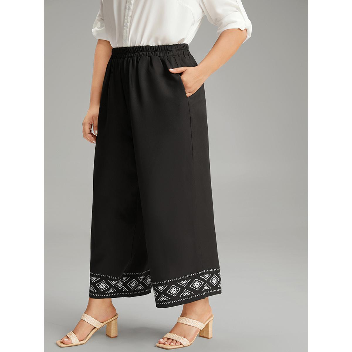 Plus Size Boho Print Elastic Waist Straight Leg Pants Women Black Vacation Straight Leg High Rise Dailywear Pants BloomChic 12/L Product Image