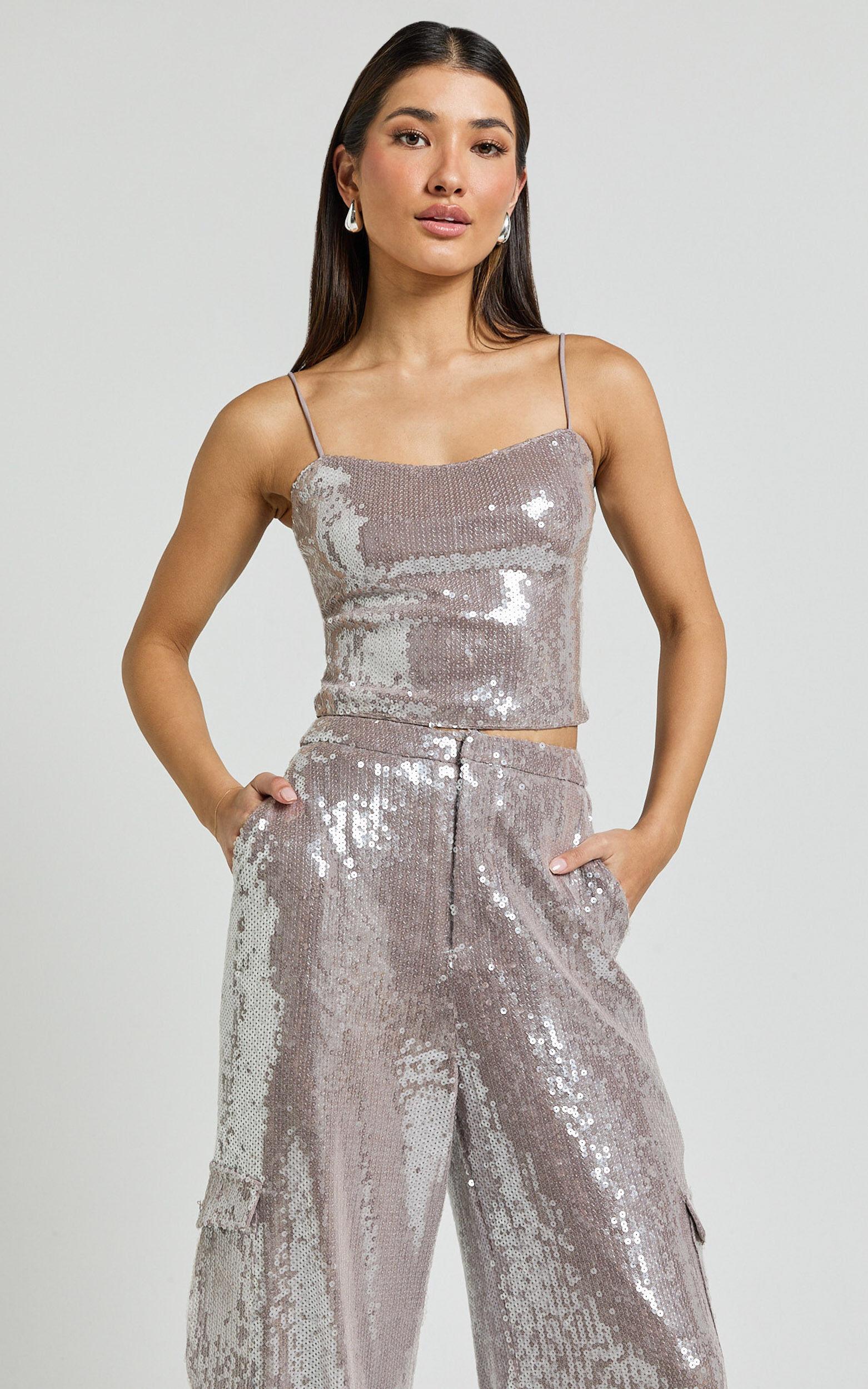 Tricia Top - Sequin Cami Top in Grey Product Image