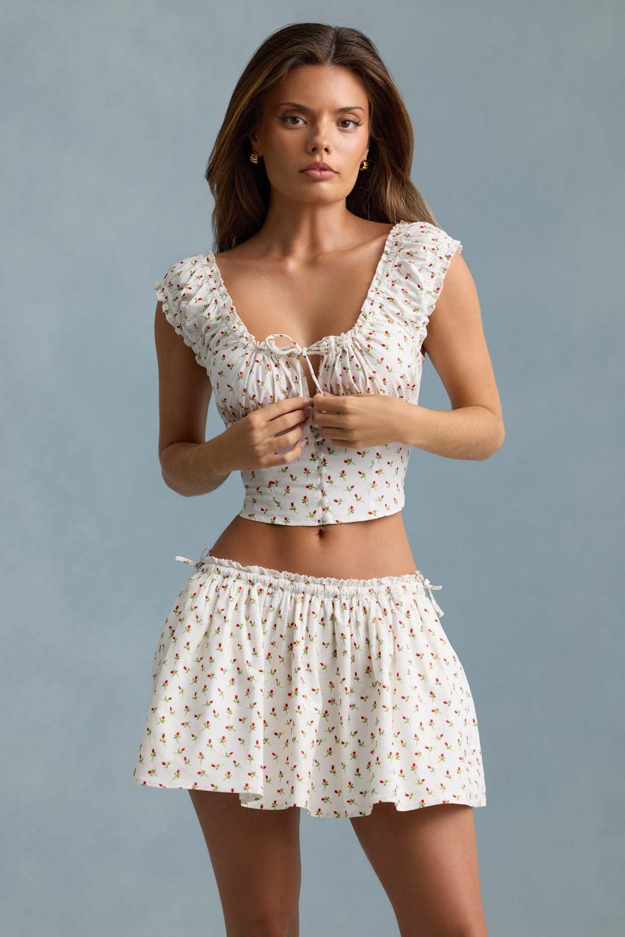 Ruched Cotton-Poplin Corset Top in Rose Print Product Image