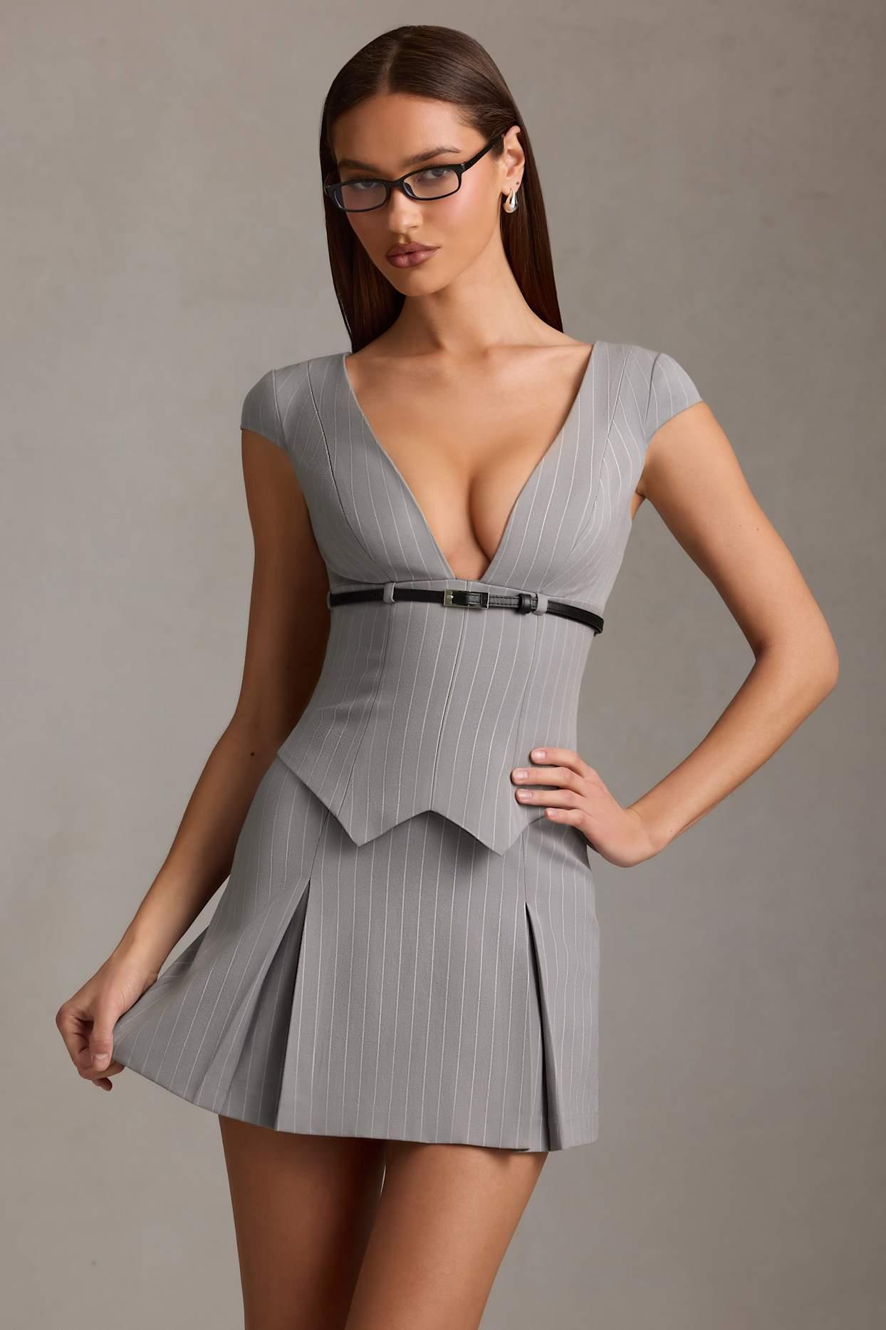 Pinstripe Pleated Waistcoat Mini Dress in Grey Product Image