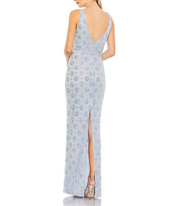 Mac Duggal V-neck Sleeveless Embellished Mesh Column Gown Product Image